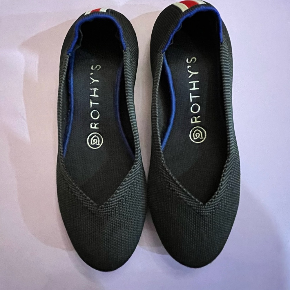 Rothy's Black Knit Ballet Flats with Blue Trim
